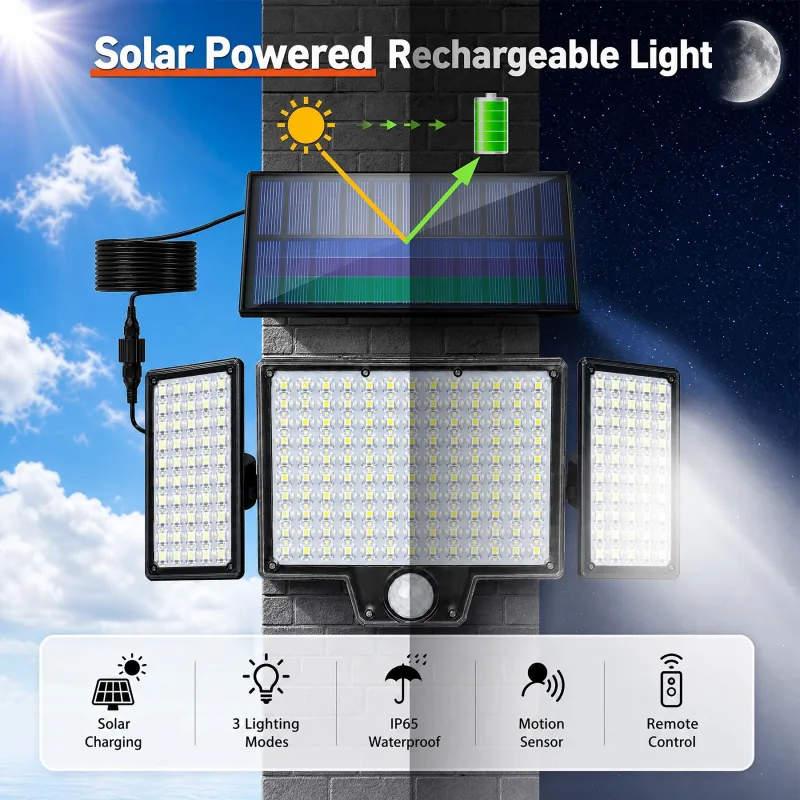 3 Head Adjustable LED Security Light, IP65 All Weather Waterproof Remote Control Garden Lamp – 210LED 3HEAD *2
