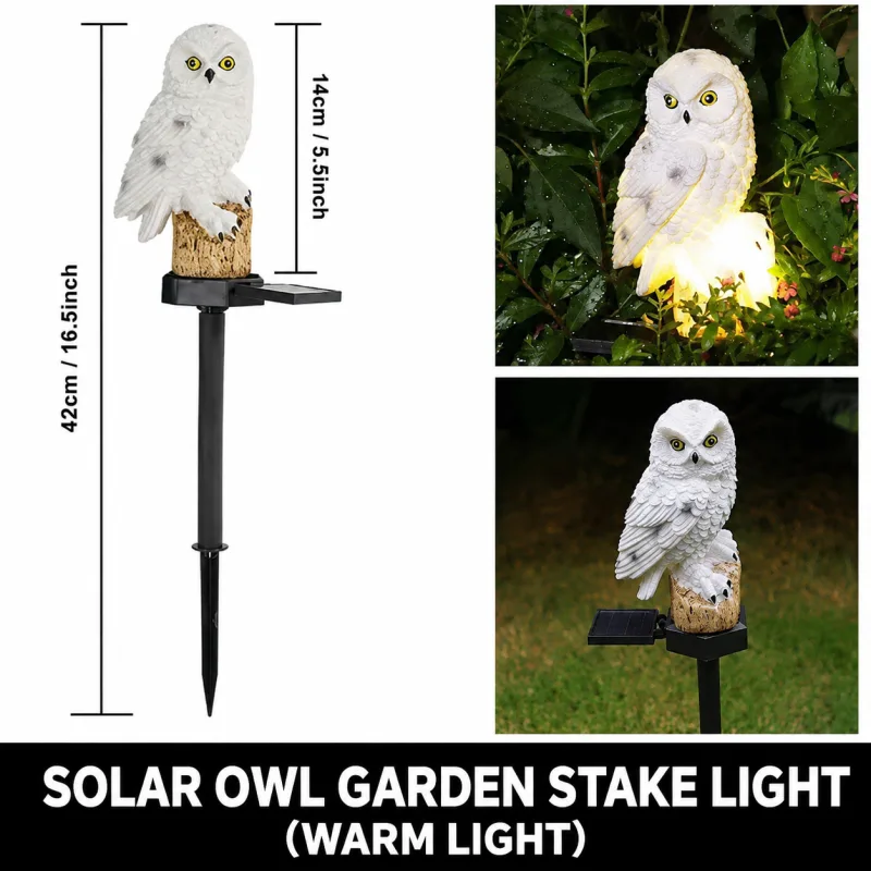 Resin Owl Solar Powered Garden Stake Light – Outdoor Decorative LED Landscape Pathway Night Light – White