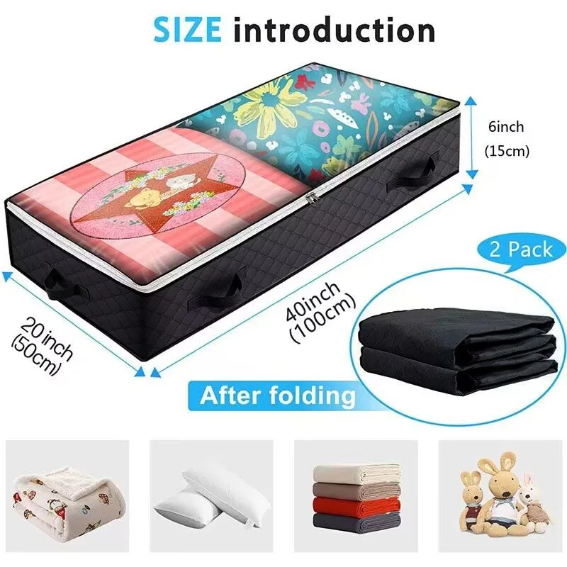 2 Pack Folding Non-Woven Underbed Storage Containers with Clear Top Zipper Lid & 4 Reinforced Handles – Black 40 x 20 x 6″