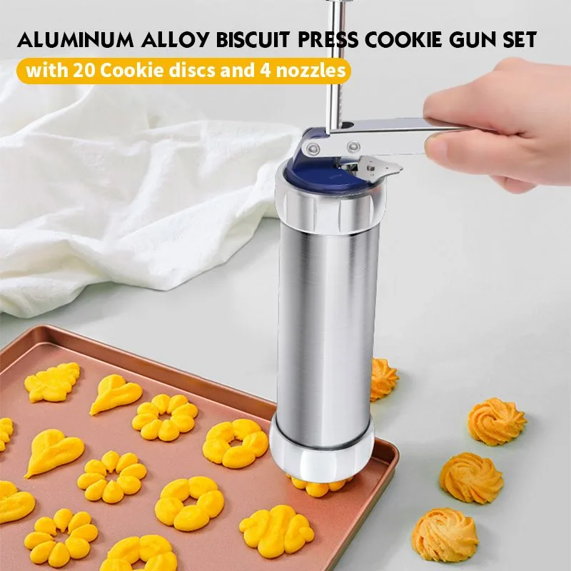 25PCS Mutifunctional Aluminum Alloy Cookie Press Set – DIY Biscuit Maker & Cake Icing Gun with 2-Gear Thickness and 20 Pattern Discs