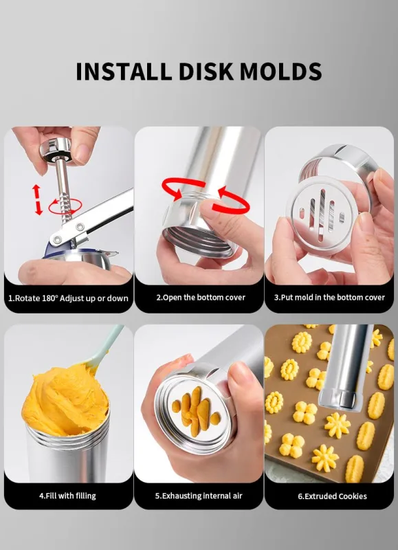 30PCS Mutifunctional Aluminum Alloy Cookie Press Set – Adjustable Thickness Biscuit DIY Maker & Cake Icing Gun with 20 Pattern Discs and 8 Stainless Steel Icing Nozzles