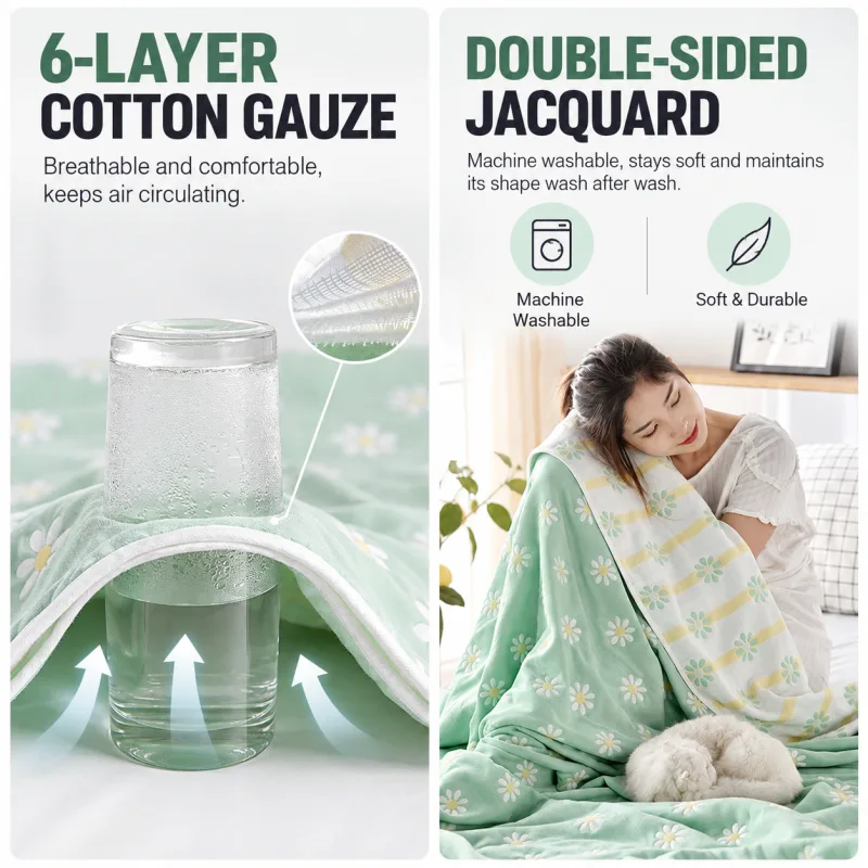 100% Cotton 6-Layer Gauze Summer Blanket & Towel Blanket – Ultra Soft & Breathable Reversible Quilt – Green Chrysanthemums 200 x 240 CM
