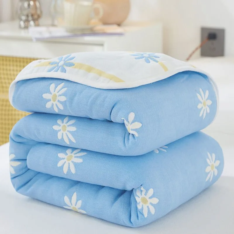 100% Cotton 6-Layer Gauze Summer Blanket & Towel Blanket – Ultra Soft & Breathable Reversible Quilt – Blue Chrysanthemums 200 x 240 CM