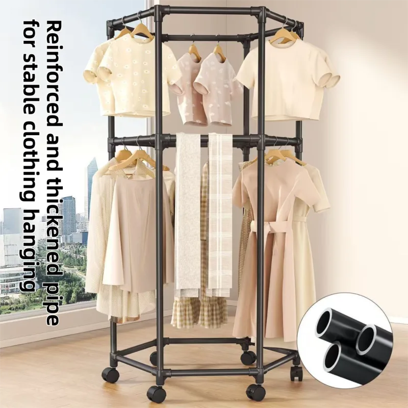 360° Rotating Hexagonal Clothes Drying Rack with Wheels & Drying Net – Foldable Carbon Steel Indoor Airer for Balcony Laundry, Movable Rolling Garment Hanger Stand, Single Tier 123 x 80CM – White