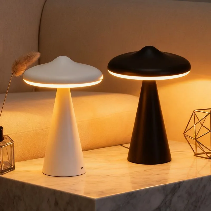 Retro Mushroom Touch Control Table Lamp – TypeC Rechargeable UFO Style LED Bedside Light with Stepless Dimming & 3 Colour Temperatures for Bedroom and Desk – White