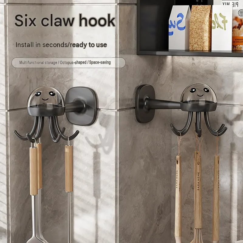 2-pack Octopus Wall Hook Organizer – 360 Degree Rotating Adhesive Kitchen Utensil Holder with 6 Hooks, No Drill Space Saving Storage Rack for Cooking Tools and Towels – White
