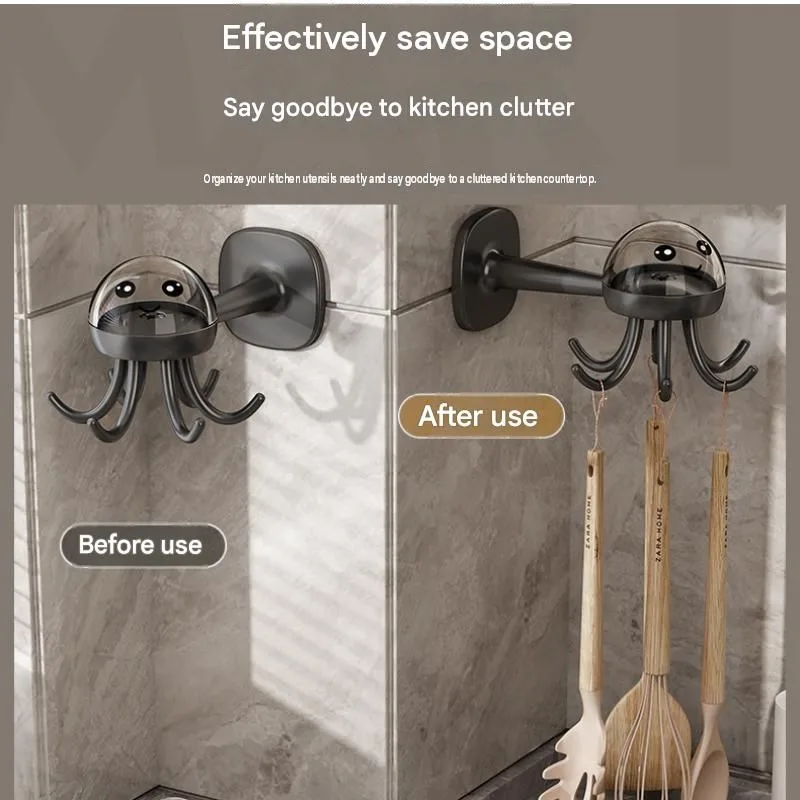 2-pack Octopus Wall Hook Organizer – 360 Degree Rotating Adhesive Kitchen Utensil Holder with 6 Hooks, No Drill Space Saving Storage Rack for Cooking Tools and Towels – White