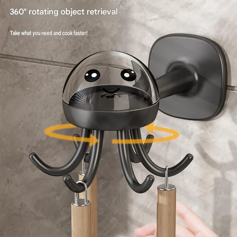 2-pack Octopus Wall Hook Organizer – 360 Degree Rotating Adhesive Kitchen Utensil Holder with 6 Hooks, No Drill Space Saving Storage Rack for Cooking Tools and Towels – White