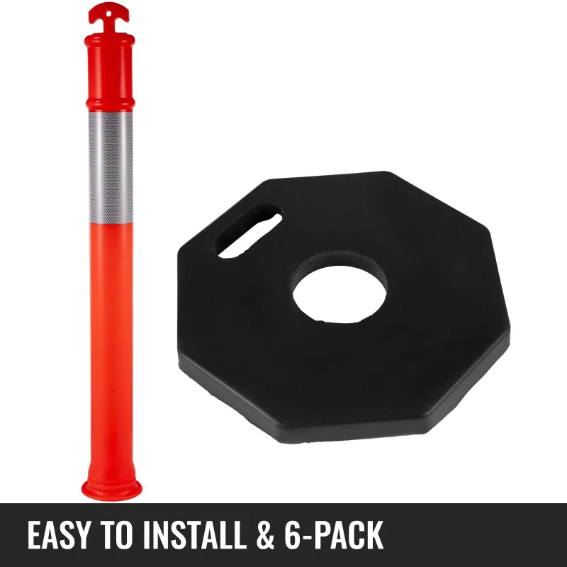 6Pack Traffic Delineator Posts 44 Inch Height, PE Delineator Cones Post Kit 10 inch Reflective Band, Delineators Post with Rubber Base 16 inch for Construction Sites, Facility Management etc.