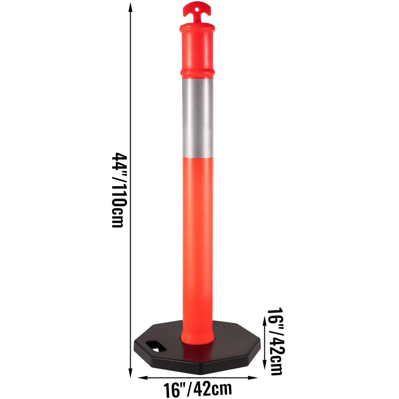 6Pack Traffic Delineator Posts 44 Inch Height, PE Delineator Cones Post Kit 10 inch Reflective Band, Delineators Post with Rubber Base 16 inch for Construction Sites, Facility Management etc.