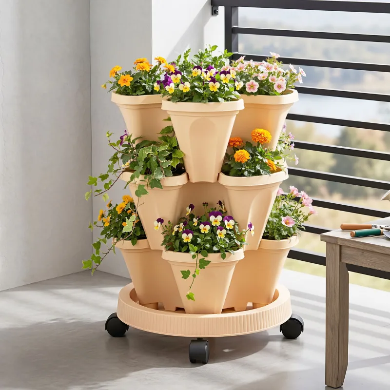 Green Fingers 3 Tier Stackable Vertical Planter Tower Strawberry Pot Wheels – Beige