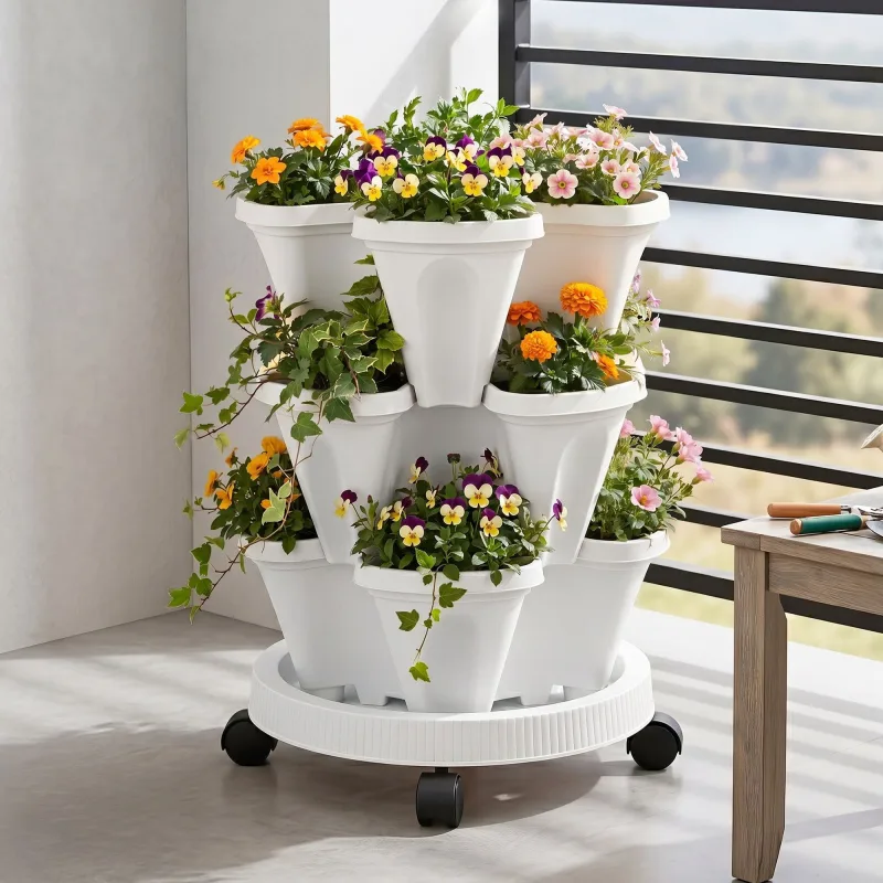 Green Fingers 3 Tier Stackable Vertical Planter Tower Strawberry Pot Wheels